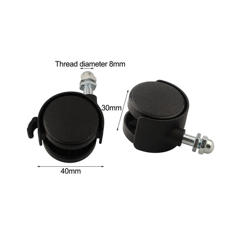 Front and side views of four black caster wheels with 8mm threaded stems, 40x30x8mm.