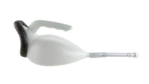 Portable Close Fit Comfort Male Urinal System with Spill Proof Collection Bag in side view, showing white plastic design for bedside use.
