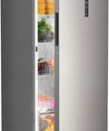 Solid 18 Cubic Foot Upright Freezer With Rapid Chill Tech And Rugged Wire Racking showing frozen groceries and clear storage bins.