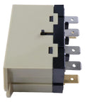 Side view of Enclosed Power Relay G7L-2A-TUBJ-CB DPST-NO with Test Button for 200-240VAC showing metal quick-connect terminals