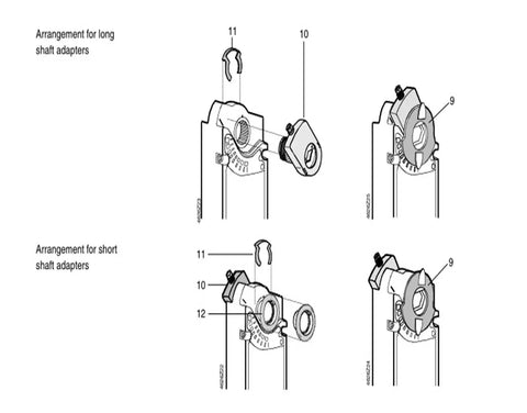 Diagram showing arrangements for long and short shaft adapters of Rock Solid Rotary Air Damper Actuator for HVAC systems.