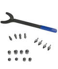 Camshaft pulley holder tool with blue handle and assorted VW timing-belt adapters, pins, and spacers.