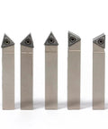 Five nickel-plated indexable lathe turning tools with carbide inserts on 5/16 inch shanks, front view