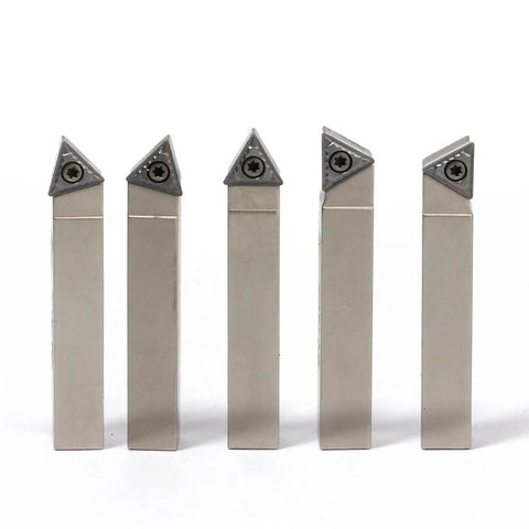 Five nickel-plated indexable lathe turning tools with carbide inserts on 5/16 inch shanks, front view