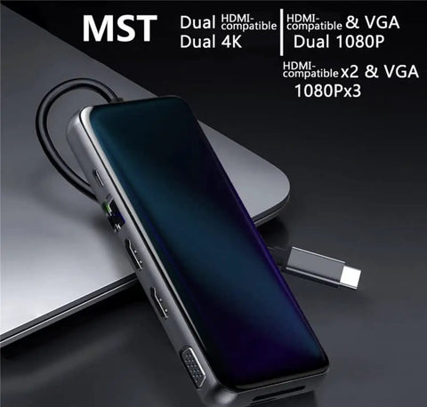 Portable USB C Docking Station Featuring Crisp 4K Triple Monitor Output And Type C Multiport Hub Adapter on a laptop surface.