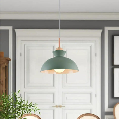 11inch Wood Pendant Light,Retro Wooden Hanging for Kitchen Island,Vintage Barn Ceiling Lighting Fixture Nordic Decor with matte green shade.