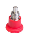 Real Deal Heavy Duty Stainless Steel Spring Plunger Lockout Pin With Soft Plastic Nose for clamping, close-up view of the red push pin.