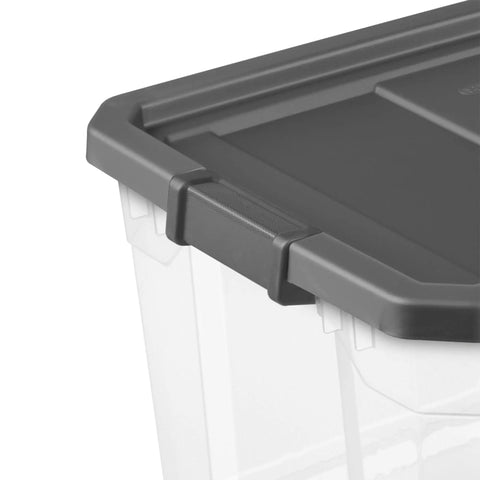 Close-up of Modular Clear 76 Qt Storage Box Stackers with grey locking lid, showing stackable design and clear plastic sides.