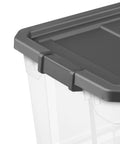 Close-up of Heavy Duty 76 Quart Plastic Storage Bins With Snug Lids for secure stacking and garage organization.