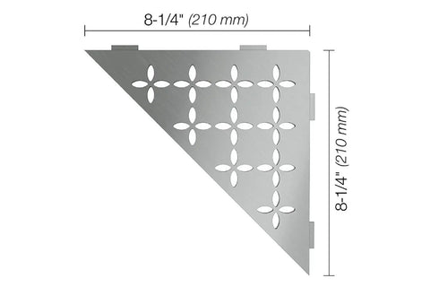 Triangular Corner Shelf For Tiled Walls With Floral Design In Brushed Stainless Steel Finish with dimensions 8-1/4 inches.