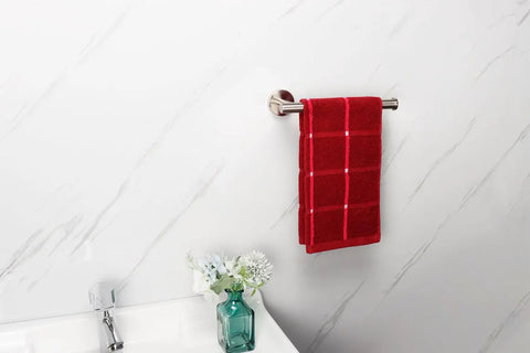 9 Inch Hand Towel Ring Holder Made Of SUS304 Stainless Steel Brushed Nickel Wall Mounted Towel Rack with red towel on white wall