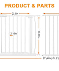 Diagram of Extra Wide Walk Through Baby Gate 67 To 71.5 Inch Adjustable Width Pressure Mounted Safety Gate with parts list.