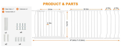 Diagram of Extra Wide Walk Through Baby Gate 67 To 71.5 Inch Adjustable Width Pressure Mounted Safety Gate with parts list.
