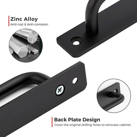 Detail view of 2 Pack Sliding Barn Door Handles Black Zinc Alloy Door Pulls with Plate, featuring rust-resistant material and back plate design.