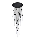 Super Sleek Modern Crystal Pendant Ceiling Light With Twenty Five Bulbs Polished Black Metal Trim. Adjustable height, clean design.