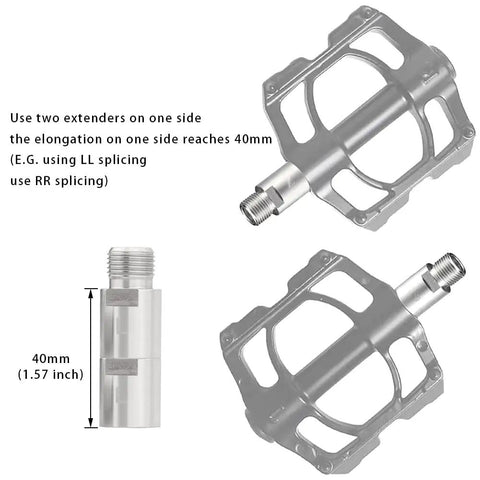 Bike Pedal Extenders Set For 9 Sixteenth Inch Threaded Pedals Chrome Molybdenum Steel Pedal Adapters Extended By 20mm CNC Machined Waterproof And Rust Resistant Durable Bike Pedal Accessories Pair For Comfort And Stability with diagram showing 40mm extension.