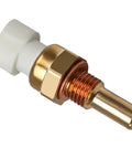 Close-up of automotive coolant temperature sensor with white plastic connector and brass threaded stem