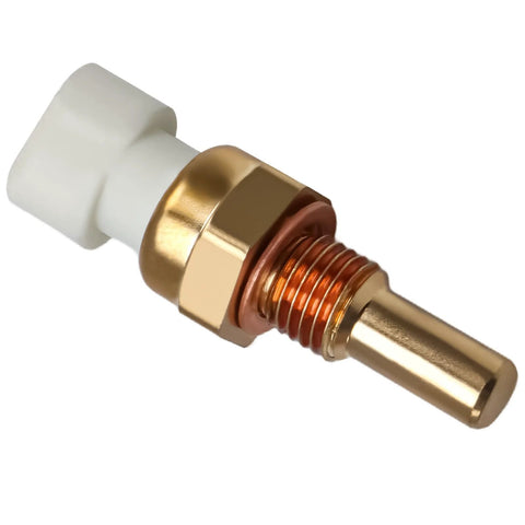 Close-up of automotive coolant temperature sensor with white plastic connector and brass threaded stem