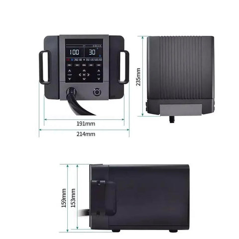 Pro Grade 1300W Lead Free Hot Air Gun And Soldering Desoldering Station With AI Voice Control showing front, side and top views