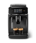 Fully Automatic Espresso Machine Crushing Your Morning Cravings With One Touch Brewing And Classic Milk Frother For Silky Cappuccinos Featuring Precision Ceramic Grinder And Sleek Black Touch Display with two espresso shots.