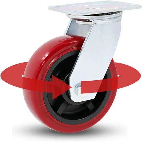 Heavy Duty Swivel Casters That Glide Like Butter On Trolleys And Workbenches In This 4 Pack Set with red polyurethane wheel and metal bracket.