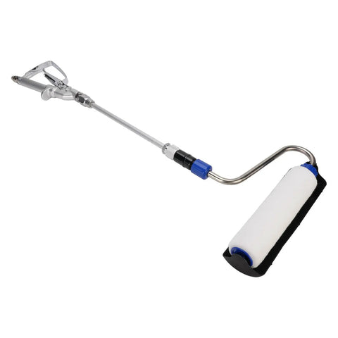 Electric Paint Roller Plays Nice With Your Airless Sprayer For Auto Dispensing And Smooth As Butter Coats Built Tough With Aluminum For Stress Free Wall Projects, featuring stainless steel drum and blue accents.