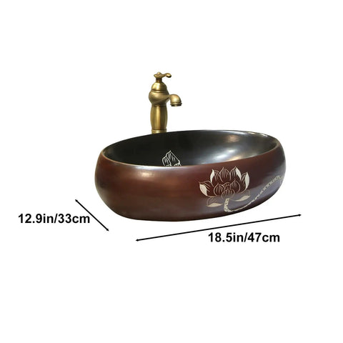 Oval Ceramic Vessel Sink for Bathroom Vanity, Retro Art Countertop Sink Bowl with Faucet, Small and Elegant Vanity Sinks for Home or Balcony (Small) with lotus design.