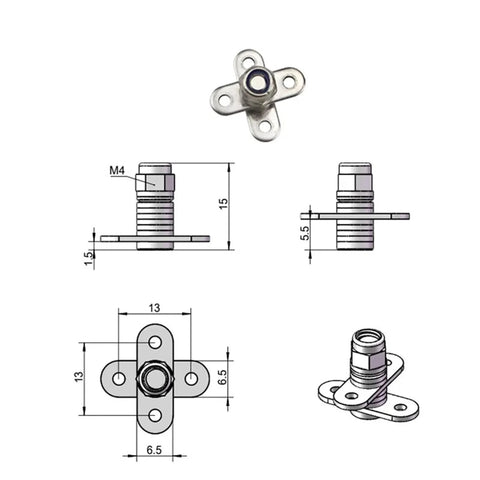 Square stainless steel damping torque hinge with adjustable stop, 1pc, model XG11-058-0.5N.m