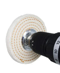 Shop Ready 4 Inch Cotton Spiral Buffing Wheel For Bench Grinder With Quarter Inch Mandrel attached to a drill.