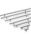 Stainless Steel T Type Drawer Cabinet Pull Handle In Silver Finish for Kitchen Cupboard Doors and Wardrobes shown in multiple sizes.
