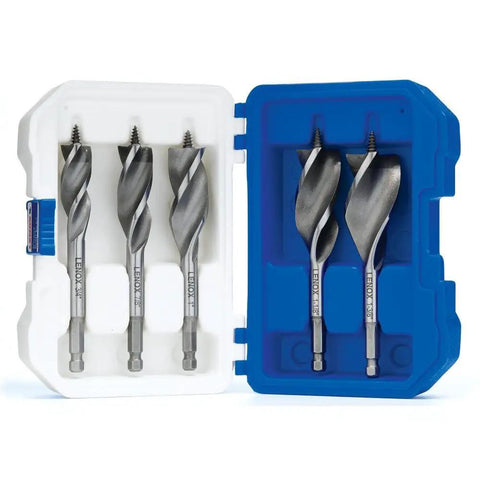 Heavy Duty Bi-Metal Plumber Utility Kit Five Piece For Drills With High Speed Steel Bits Three Cutting Edges For Nail Embedded Wood Fast Clean Holes Optimized For Cordless Drilling Built Tough To Extend Battery Life case open display