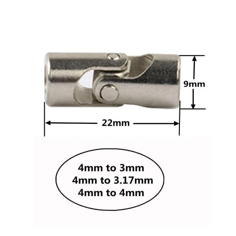 Front view of a metal universal joint shaft coupler for RC cars; 4mm to 3.175mm and 4mm to 4mm shafts.