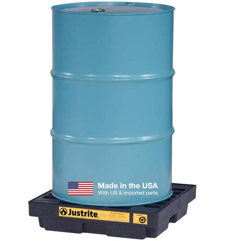 Low Profile Drum Spill Containment Pallet for 55 Gallon Drum, 12 Gallon Capacity, 5.5 Inch Tall, Built Tough HDPE Tray, Recycled Polyethylene, Made in USA, Black
