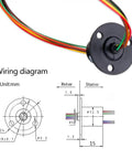 12.5mm Capsule Slip Ring, 300 RPM, 6 Wires, Circuits X2A, For Monitor And Robotic Test Equipment, High Reliability Gold Contact Rotary Connector, Suitable For Continuous Rotation, 1 Pc. wiring diagram and 12.5mm slip ring with colored leads