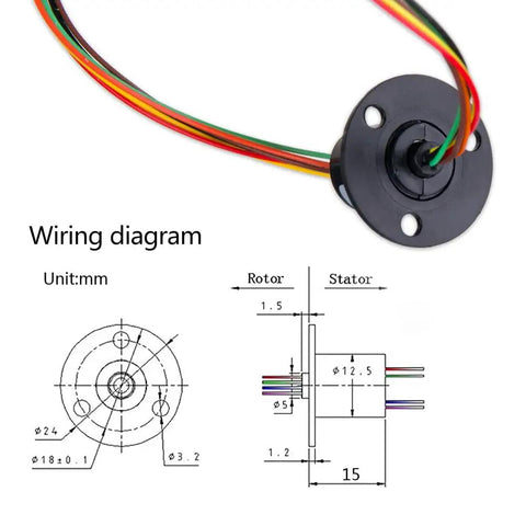12.5mm Capsule Slip Ring, 300 RPM, 6 Wires, Circuits X2A, For Monitor And Robotic Test Equipment, High Reliability Gold Contact Rotary Connector, Suitable For Continuous Rotation, 1 Pc. wiring diagram and 12.5mm slip ring with colored leads