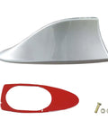 Silver Shark Fin Antenna Cover Universal Roof Aerial with Adhesive Tape for Cars Trucks SUVs, includes mounting hardware.