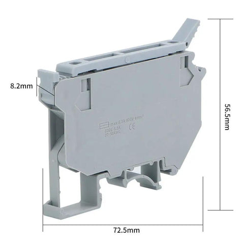 Side view of LED Indicated DIN Rail Fuse Holders And Disconnect Terminal Blocks With Screw Clamp, 24V DC, Gray, 72.5mm tall.
