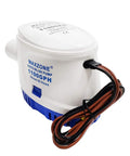 Automatic Submersible Bilge Pump For Boats, 12V 1100 GPH With Built-In Float Switch, side view showing outlet and wiring.