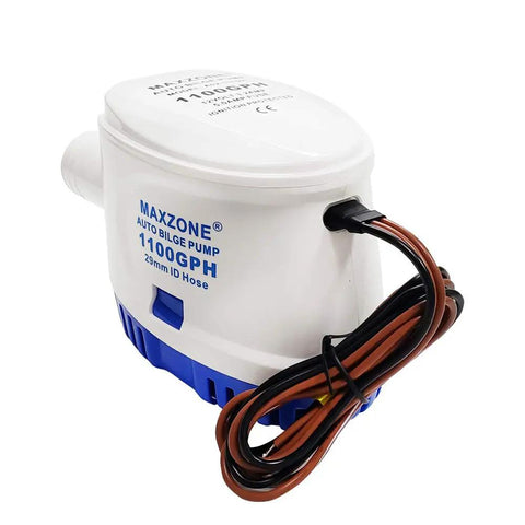 Automatic Submersible Bilge Pump For Boats, 12V 1100 GPH With Built-In Float Switch, side view showing outlet and wiring.