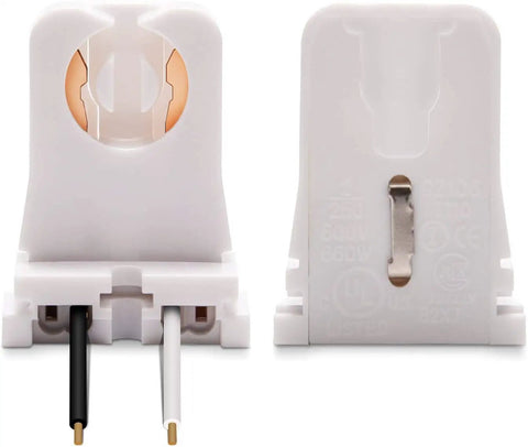 Close-up of Bulk 30 Pack Non Shunted Turn Type T8 Lamp Holder UL Socket Tombstone with 10 inch wires, front view.