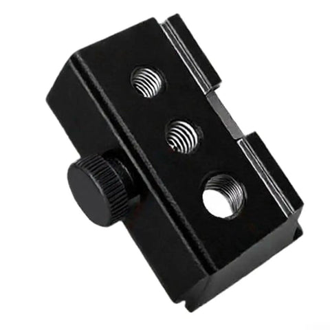 Heavy Duty Aluminum Table Clip Slider For IGT Camp Systems With 6mm 8mm And Quarter Inch Adapters, black metal gear slider close-up.