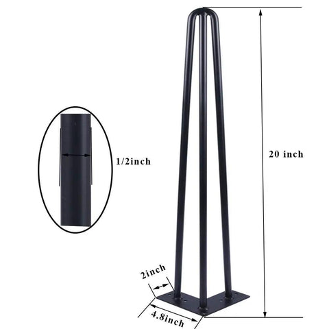20 Inch Hairpin Table Leg Set With Half Inch Diameter Three Rods Black Mid Century Metal Furniture Feet For Coffee Tables And TV Stands Floor Protectors Durable 4 Pack DIY Ready Easy Install, single leg with measurements