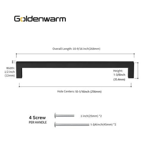 Diagram of 15 Pack Black Drawer Pulls Square Bar Cabinet Handles for Kitchen and Bathroom Cabinets Center to Center 10 Inch Stainless Steel Sleek Modern Hardware for Dresser Drawers showing dimensions and screws.