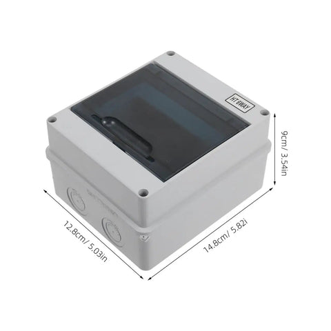 Heavy Duty 6 Way Circuit Breaker Box With DIN Rail IP65 Weatherproof Electrical Enclosure Surface Mount dimensions shown in light gray shell.