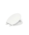Brevia Quiet Close Round Toilet Seat With Grip Tight Bumpers, white lid partially open, showing soft close feature
