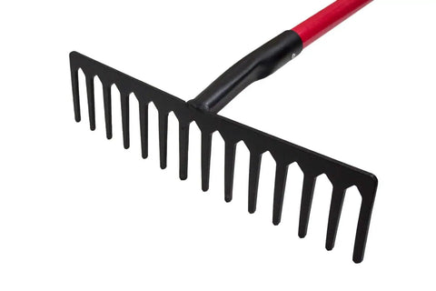 Level Head Rake With Fiberglass Shaft Built To Last Beast Tough Heavy Duty Garden Tool For Lawns And Landscaping Steel Head With 14 Tines 60 Inch Yard Rake For Thatch Gravel And Outdoor Cleanup, showcasing steel head and red fiberglass handle.
