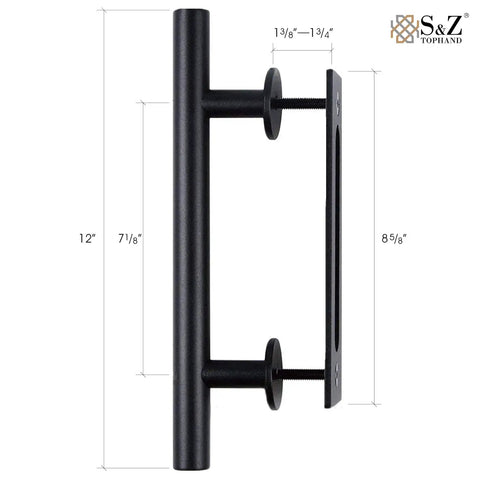Unfinished Spruce Barn Door 42 X 84 Inches With Heavy Duty Sliding Hardware Kit showing 12-inch black metal handle and dimensions.