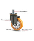 Beefy Top Plate Swivel Caster Wheels With Brake, Heavy Duty PU Castors For Furniture, thick bracket and threaded stem.