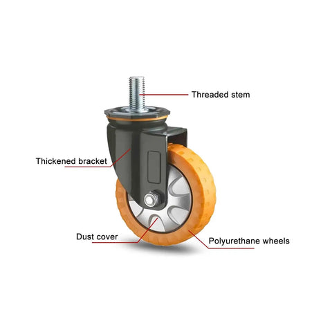 Beefy Top Plate Swivel Caster Wheels With Brake, Heavy Duty PU Castors For Furniture, thick bracket and threaded stem.