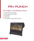 Brass Drive Pin Punch Set With Knurled Grip In Protective Fabric Pouch, 8-piece set displayed against white background